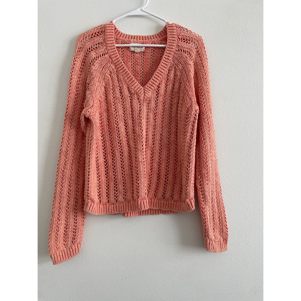 Lucky Brand Sweater Women L Coral Orange Knit Casual Open Knit Beachy Boho